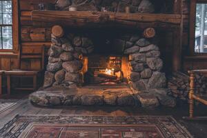 A cozy cabin with a fireplace and a stone fireplace surround photo