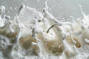 The splashes of milk cascade and form unique patterns, showcasing a captivating display of fluid motion against a softly lit backdrop. The creamy texture enhances the visual interest photo