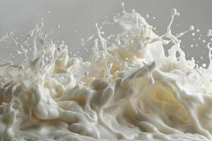 A dynamic splash of milk captures the moment as it rises and falls, showcasing a mesmerizing array of textures and fluid movement in a well-lit studio photo