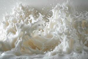 Vivid splashes of milk are captured in mid-motion, forming an abstract pattern with swirling droplets and creamy textures, against a neutral backdrop photo