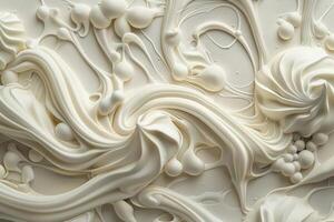 A luscious swirl of cream frosting displays intricate patterns and textures, reflecting light beautifully, perfect for decorating cakes or pastries photo