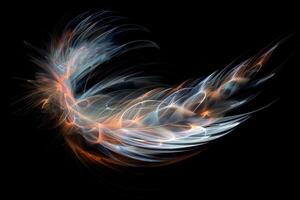 Colorful abstract feathers swirl in shades of blue and orange against a dark backdrop, creating a captivating display of light and movement photo