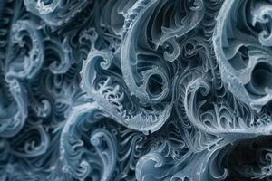 Delicate frosty patterns emerge on a chilled surface, showcasing swirling shapes and intricate designs that reflect the beauty of winter photo