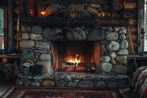 A fireplace with a stone mantle and a rug in front of it photo