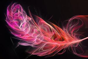 This captivating artwork features an abstract feather design with swirling patterns in shades of pink and red, set against a deep black background, creating a sense of motion and vibrancy photo
