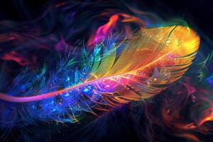 A detailed feather design showcases a spectrum of colors, featuring intricate patterns and textures, surrounded by a rich, dark backdrop enhancing its beauty photo