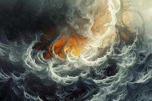 The turbulent ocean displays powerful waves crashing with intensity as a fiery sunset pierces through gathering storm clouds, creating a dramatic landscape photo