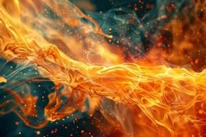 Bright flames intertwine with swirling smoke, creating an abstract visual spectacle. The vibrant colors blend and dance, evoking energy and warmth in the dark background photo