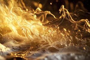 Golden water waves flow gracefully, creating intricate patterns while bubbles rise and shimmer, capturing a moment filled with beauty and tranquility in nature photo