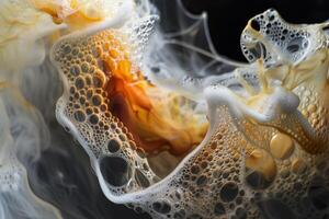 Swirling colors blend seamlessly with bubbles, creating a captivating abstract display that showcases fluidity and motion against a dark background photo