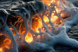 Molten lava flows meet the ocean, sending up clouds of steam and bubbles exploding with light as the sun sets, creating a vibrant and dramatic visual experience photo
