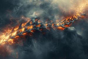 A majestic dragon spine, glowing with fiery embers, rises through swirling mystical clouds at twilight, creating an enchanting atmosphere photo