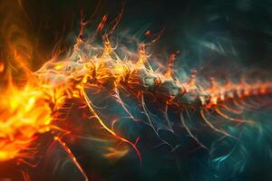 Vibrant colorful tendrils intertwine in an abstract design, evoking the image of a burning spine set against a dark, soft backdrop, creating a striking visual contrast photo