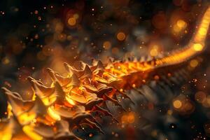 The spine structure radiates a warm glow, highlighting its unique contours and textures against a blurred dark backdrop filled with soft lights photo