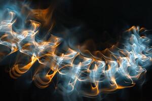 Dynamic swirls of orange and blue smoke dance through the air, creating an enchanting visual effect against a dark background, reminiscent of a lively performance photo