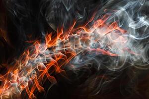 Flames and smoke intertwine dynamically, showcasing vibrant colors and intricate patterns in a captivating display of heat and movement photo