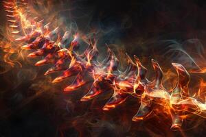 A striking representation of a spine illuminated with fiery colors, surrounded by dynamic wisps of smoke, conveying a sense of motion and intensity photo