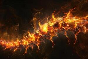 Bright flames dance and swirl against a deep black backdrop, creating an enchanting and dynamic abstract pattern filled with energy and movement photo