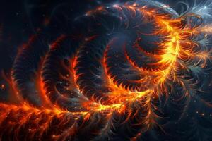 Intricate fractal patterns weave together, showcasing a blend of fiery orange and deep blue hues that create a captivating visual experience with a sense of movement and energy photo