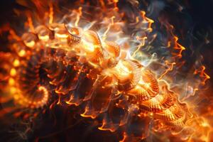 Flames twist and spiral, forming an intricate design that captivates the eye. The warm colors contrast against the dark background, enhancing the dynamic movement and energy photo