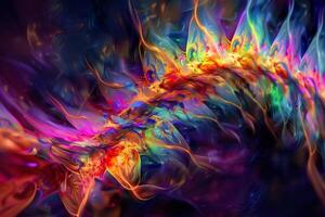Bright colors merge and swirl in an abstract composition, creating an energetic display of flowing lines and forms. The artwork captivates with its vivid hues and organic shapes photo