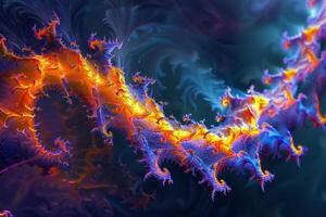 Bright orange and blue fractal patterns twist and intertwine against a dark backdrop, showcasing complex designs that illustrate depth and movement, evoking a sense of wonder photo