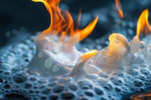 Bright flames flicker above a surface of bubbling liquid, showcasing the intriguing interaction between fire and water in a captivating display of heat and movement photo