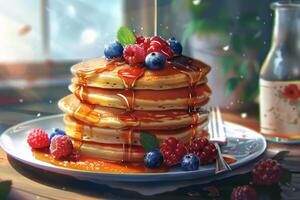 A stack of pancakes with blueberries and raspberries drizzled with honey photo