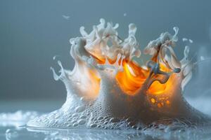 A vivid foam eruption captures a blend of fiery flames and water droplets, creating an eye-catching contrast of white and orange in a breathtaking visual event photo