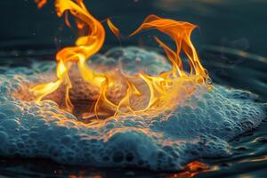 A mesmerizing interplay of fire and water unfolds as vibrant flames rise from swirling bubbles, creating a captivating contrast at dusk photo