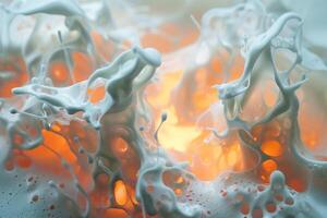 Swirling white foam creates an abstract design, illuminated by warm orange highlights, evoking a sense of movement and fluidity in a vibrant display photo