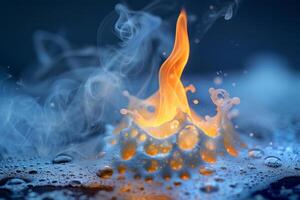 A bright flame rises gracefully from a surface covered in sparkling water droplets, creating a striking contrast against a dark background, evoking a sense of wonder and beauty photo