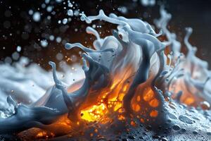 Waves crash dramatically against each other, illuminated by a vivid orange glow. The swirling water creates a mesmerizing contrast against the dark background, showcasing nature's power photo