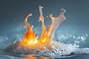 An energetic splash of orange liquid bursts through the surface, creating an array of bubbly textures and vibrant colors in an underwater environment photo