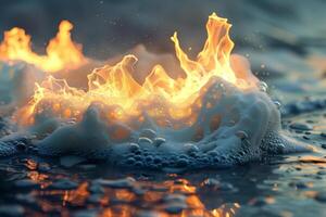 Flames dance on the surface of the water, as bubbles rise and create an enchanting display during a tranquil sunset, highlighting nature's contrast photo