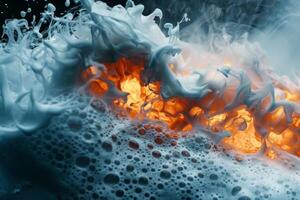 A captivating moment captures the collision of water and fire, showcasing swirling waves of foam against a backdrop of glowing embers. The vibrant colors create a mesmerizing effect photo