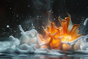 A vibrant explosion of orange hues mingles with white, frothy bubbles, creating a dynamic display in a dimly lit setting, capturing the motion of the moment photo