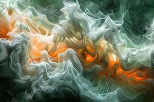 Colorful abstract patterns twist and flow seamlessly, blending shades of orange, green, and white. The design evokes a sense of movement and fluidity photo