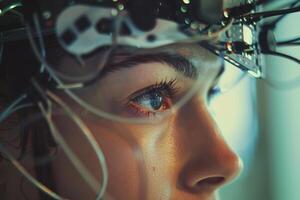 A person with a high-tech headset gazes intently, reflecting a sense of concentration and curiosity in a modern, advanced setting filled with technology photo