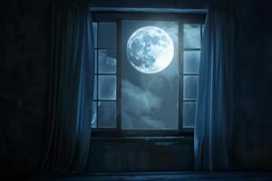 Soft moonlight fills the room as the full moon shines brightly through the open window, creating a tranquil and mysterious atmosphere in the dark photo