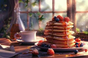A stack of pancakes with blueberries and raspberries on top of a plate photo