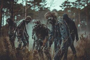 In a dimly lit forest at twilight, several zombies roam among the trees, their decayed features and tattered clothing amplifying the unsettling ambiance of the scene photo
