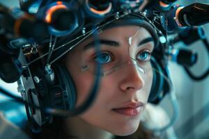 In a modern laboratory, a young woman engages in a brain-computer interaction experiment, surrounded by intricate technology, focused on her task photo