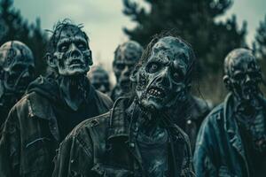 A group of eerie, lifelike zombies stands amidst a grim backdrop of trees under a moody sky. Their haunting expressions and tattered clothing evoke a sense of dread and despair photo