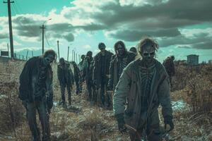 A group of zombies strolls through a barren field, showcasing their decayed appearance against a backdrop of overcast skies and a distant urban skyline photo