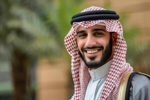 A young man dressed in traditional Saudi clothing poses for a portrait, showcasing a warm smile against a backdrop of palm trees and modern architecture photo