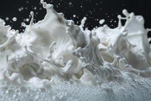 Milk is splashing dramatically, creating intricate patterns and bubbles against a contrasting dark background, highlighting the movement and texture of the liquid photo
