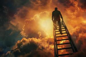 A figure climbs a ladder leading into a striking sky illuminated by warm hues at sunset, representing a journey towards dreams and aspirations against a cloud-filled backdrop photo