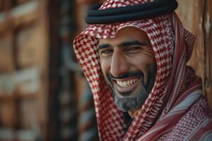 A man dressed in traditional Arab clothing showcases a warm smile while leaning against a weathered wooden structure in a sunlit environment photo