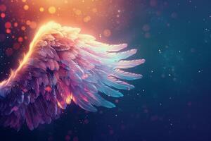 A beautiful angel wing, slightly iridescent, is illuminated in soft colors amidst a backdrop filled with glimmering particles, creating a serene atmosphere photo